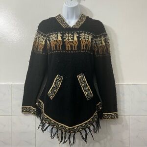 Women’s Alpaca Hoodie Sweater Size S Black Multicolor Aztec Fringe Southwestern